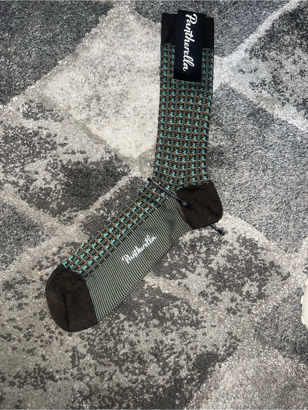 Pantherella Men's Randolph Vertical Box Jacquard Crew Socks Dark Brown
